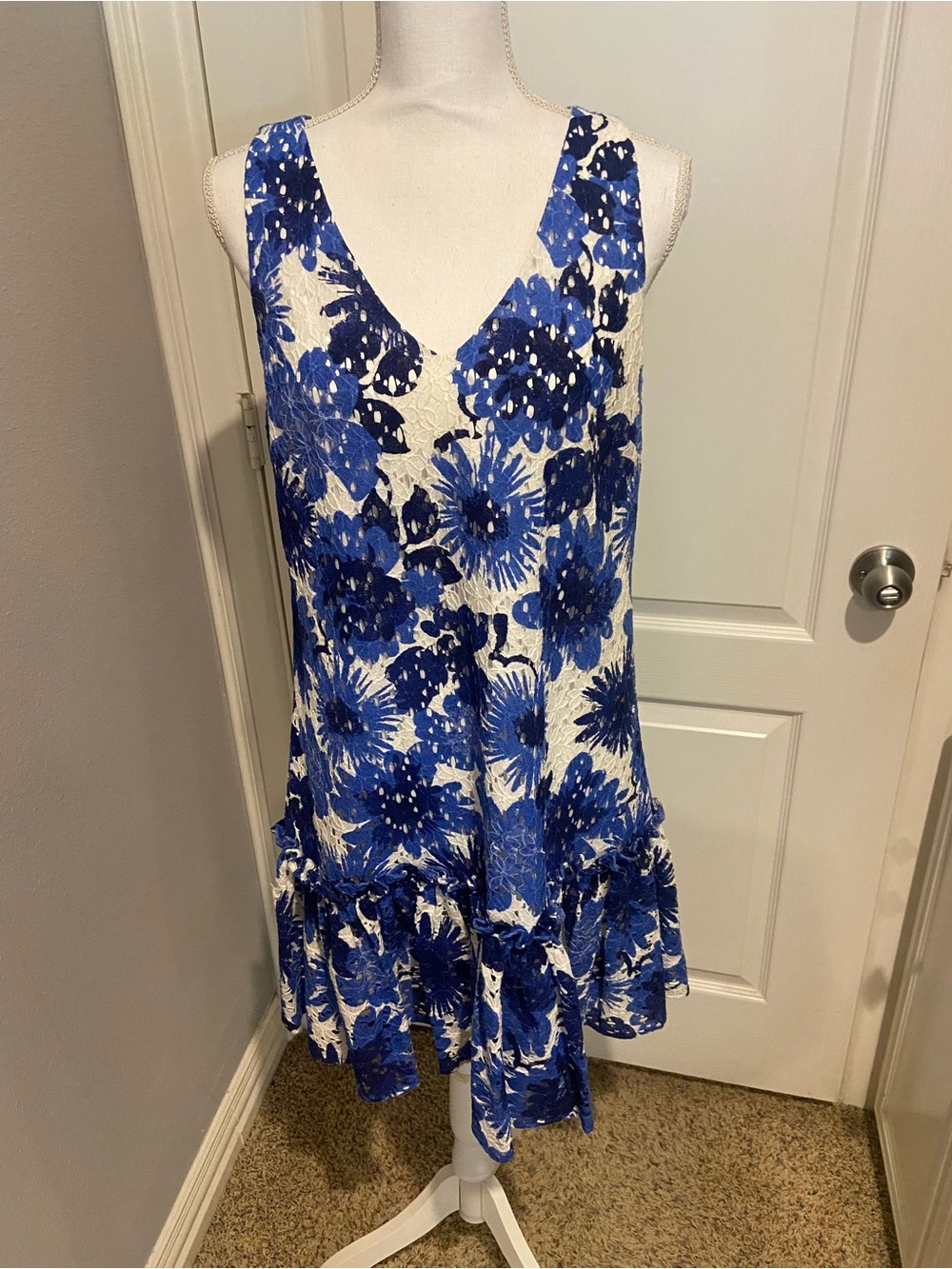 Trina Turk Blue and White Floral Sleeveless V-Neck Dress